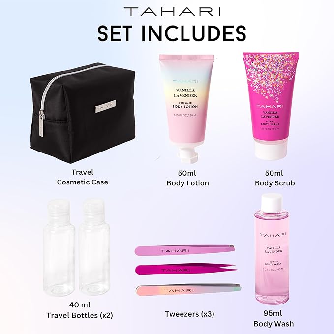 Tahari Vanilla Lavender Spa Gift Set for Women – Luxurious Bath Kit with Body Lotion, Body Scrub, Body Wash & Tweezers with Bag – Perfect Selfcare Gifts for Women (Black)