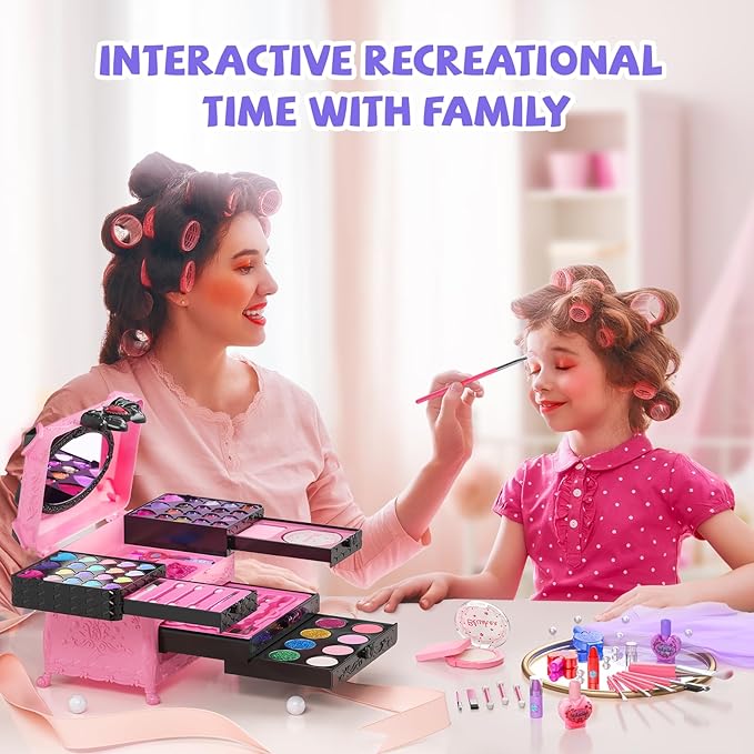 Kids Makeup Sets for Girls, 66pcs Real Cosmetic for Kids Toys with Mirror, Princess Washable Girls Makeup Kit, Non-Toxic & Safe Brithday Gifts for 3 4 5 6 7 8 10 - 12 Years Old（Pink Black）