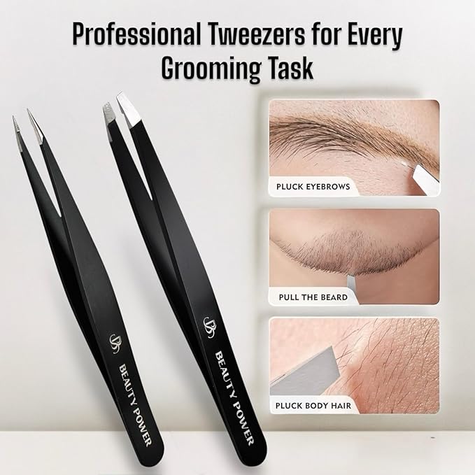 Precision Tweezers for Women Facial Hair & Men - Professional Tweezers Set with Slant & Point Tips, German Stainless Steel, PU Leather Travel Case, Lightweight & Ultra Precision Black