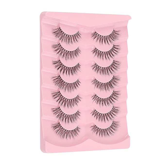 Eyelashes Natural 16mm Cat Eye Lashes Wispy C Curl Strip Lashes False Eyelashes Fluffy Eye Lash 3D Volume Wispy Eyelash Siligli Lash Pack 7 Pair