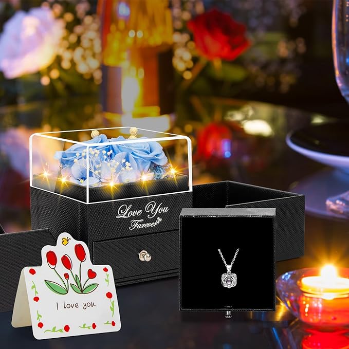 2 Preserved Real Rose with Heart I Love You Necklace- Eternal Rose Birthday Gifts for Women Wife Girlfriend Her Mom on Festivals Gifts Christmas Valentines Mothers Day Anniversary-Sky Blue Roses