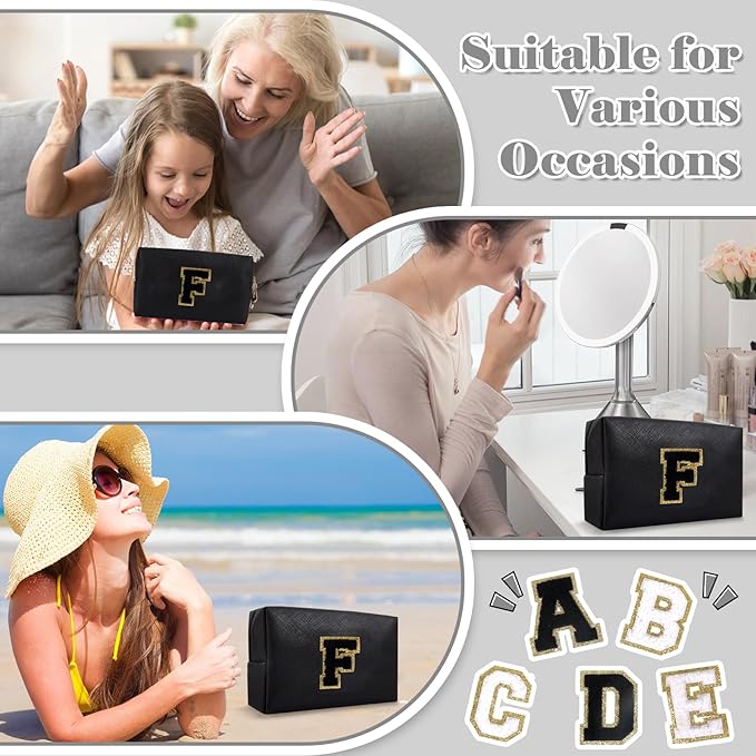 Personalized Initial A-Z Preppy Patch Makeup Bag,Small PU Chenille Letter Cosmetic Bag with Zipper for Teen Girls,Black Cute Toiletry Organizer Bag,Monogram Makeup Case Gift for Women Girls,Letter F