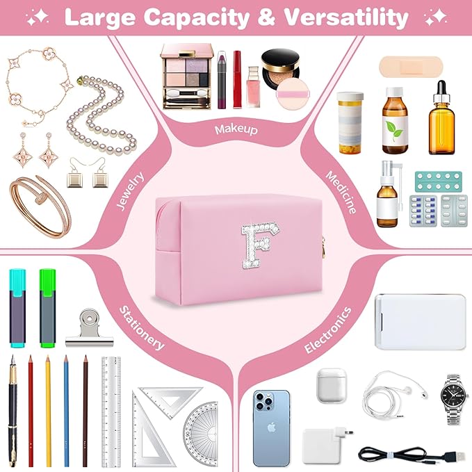 ChaoGreat Bride Gifts – Personalized Initial Makeup Bag with Pearl Rhinestone Patch, Preppy Pink Monogram Cosmetic/Toiletry Pouch, bridesmaid Gifts, Bridal Shower Gifts, Wedding Gifts, Bridal Gifts,F