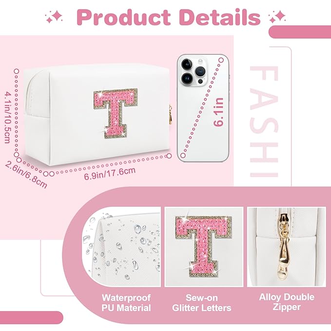 Small Initial Patch Makeup Bag Personalized Gifts Make Up Bag,White Cute PU Leather Glitter Letter Cosmetic Bag with Zipper,Trendy Portable Travel Toiletry Pouch,Preppy Stuff for Teen Girls Women T