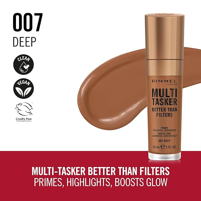Rimmel Multi-Tasker Better Than Filters, 007 Deep, Face Primer, Glow Booster and Highlighter, Vegan Formula, Anti-Ageing Benefits, Light-Reflecting Pigments, Giant Soft-Touch Wand, 1oz