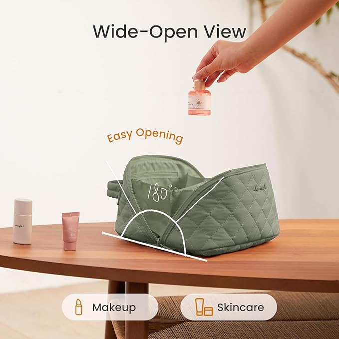 LOVEVOOK Travel Makeup Bag for Women, 2Pcs Set Puffer Waterproof Cosmetic Organizer, Large Capacity Pouch Open Flat Toiletry Bag with Divider & Handle, Portable Gift for Her, Green