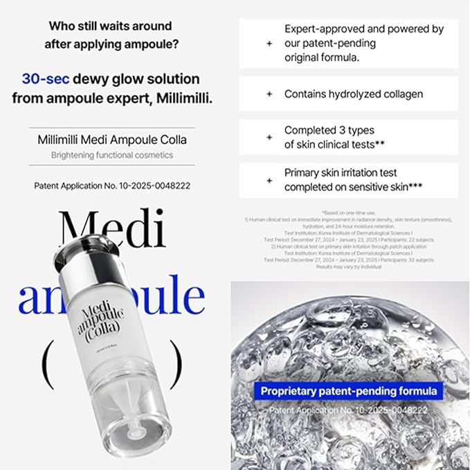 MILLIMILLI MediAmpoule – Colla Serum | Hydrating Collagen Face Ampoule with Niacinamide, Vitamin C & E | Brightening, Anti-Aging Korean Skin Care Serum for Radiant, Glowing Skin, 15ml