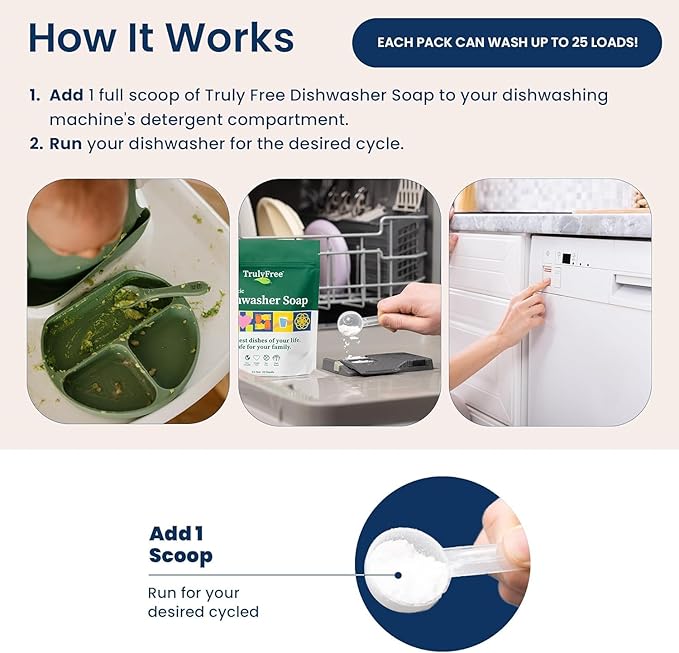Truly Free Dishwasher Detergent Powder | Natural Dish Detergent, Dishwasher Soap | Plastic Free, Plant-Based, Clean, Heavy Duty Hard Water Stain & Grease Remover | Fragrance Free | 12.5 oz (Pack of 1)