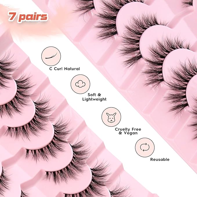 Lashes Natural Cat Eye Lashes Wispy Eyelashes 15mm False Eyelashes Wispy Lashes 3D Volume Strip Eyelashes Thin Cotton Band Soft Fake Eyelashes False Lashes Pack 7 Pairs Siligli