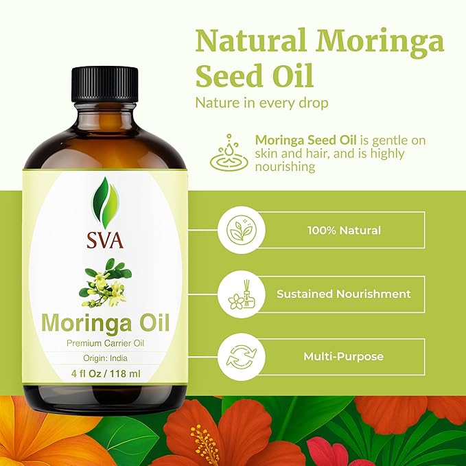 SVA Moringa Seed Oil - 4 Fl Oz – 100% Natural Cold Pressed Moringa Oil - for Face, Skin Care, Hair Care, Scalp Massage & Body Massage – Carrier Oil with Dropper