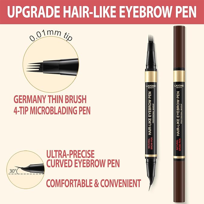 LAVONE Eyebrow Pen, 2-in-1 Eyebrow Pencils for Women with 4 Tip Microblading Eyebrow Pencil and Curved Precise Brow Pencil, Waterproof Eyebrow Pencil Create Full, Natural Hair-Like Brows, Taupe