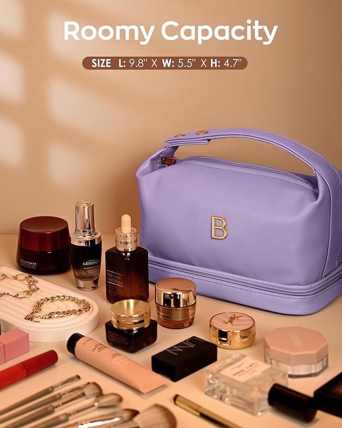 Initial Makeup Bag, Personalized Bags with Handle, Waterproof Double Layer Cosmetic Bag, Large Capacity PU Leather Makeup Bags Letter Travel Toiletry Bag with Makeup Brush Organizer