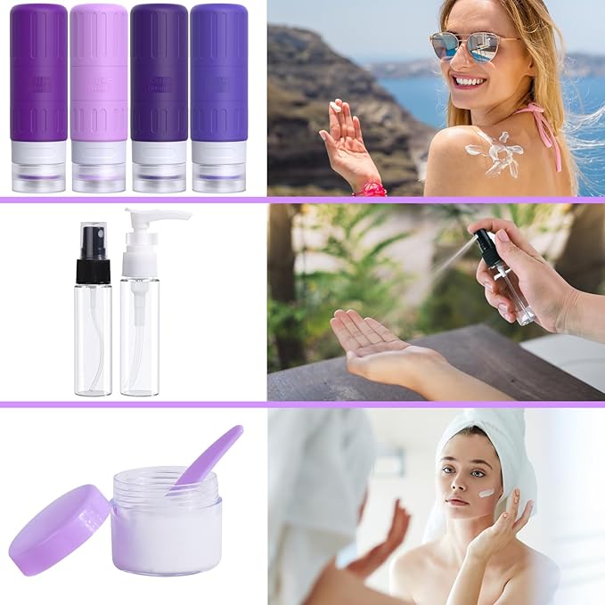 GLAMFIELDS Travel Bottles for Toiletries,TSA Approved 3.3oz Size LeakProof Silicone Toiletry Containers for Shampoo, Conditioner,Easy to Squeeze，Portable Travel Essentials for Lotion(18 Pack) Purple
