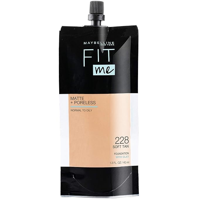 Maybelline New York Fit Me Matte + Poreless Liquid Foundation, Pouch Format, 228 Soft Tan, 1.3 Ounce