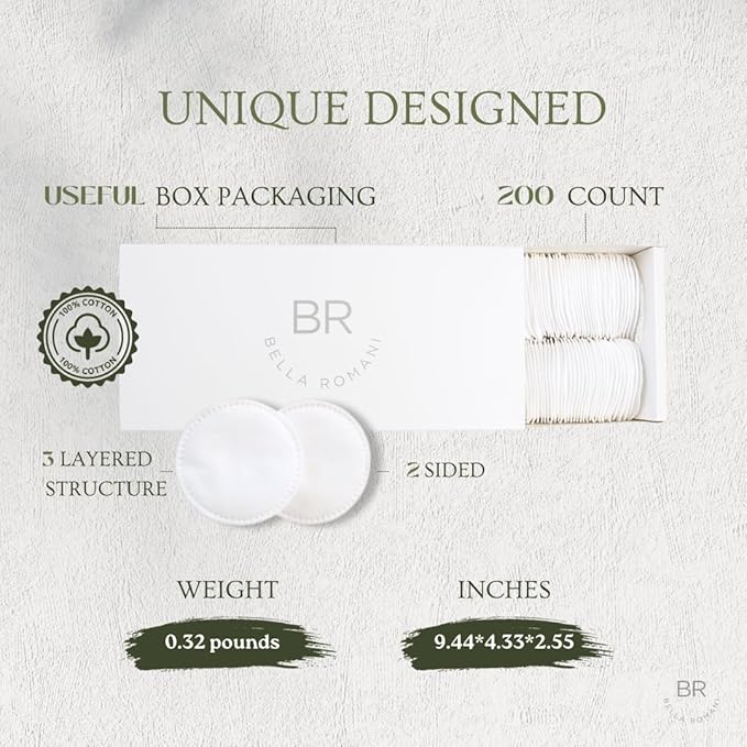 Cotton Rounds Makeup Remover Pads - Pack of 200 - Organic Pads, Lint Free, Eco-Friendly, Compostable, Unique Triple Layers & Ultra Soft - Nail Polish Remover (White, 200)