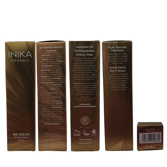 INIKA Organic BB Cream Foundation - Vegan Makeup with Hydrating Prickly Pear, Jojoba, and Pomegranate Seed Oil - Lightweight, Radiant BB Glow for Balanced Skin Tone, Porcelain, 1 fl oz