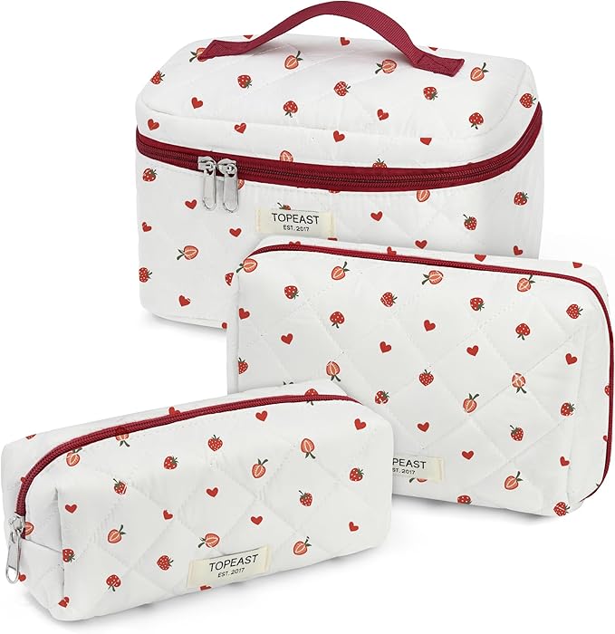 TOPEAST Makeup Bag for Women Girl, 3Pcs Large Cotton Travel Make up Organizer, Quilted Brush Toiletry Pouch Portable Cosmetic Bags with Big Compartment Zipper, Strawberry