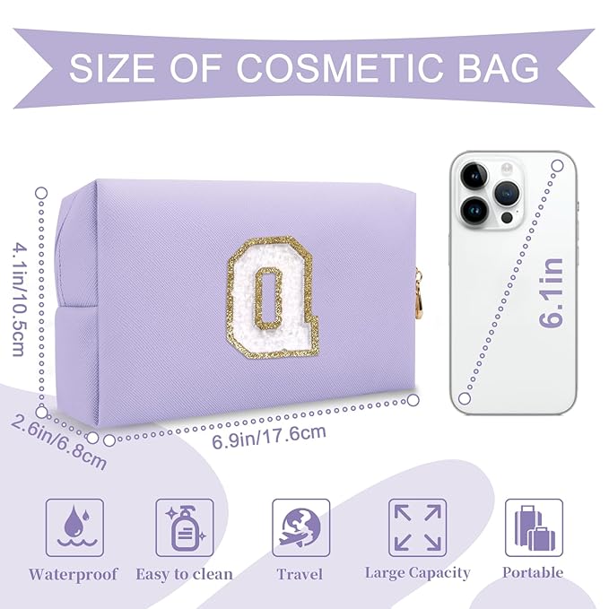 Personalized Makeup Bag Initial A-Z Preppy Patch Bag,Small PU Leather Travel Cosmetic Bag Pouch with Zipper,Purple Cute Toiletry Bag,Gift Ideal for Teen Girls Women Birthday Friend Mom,Latter Q