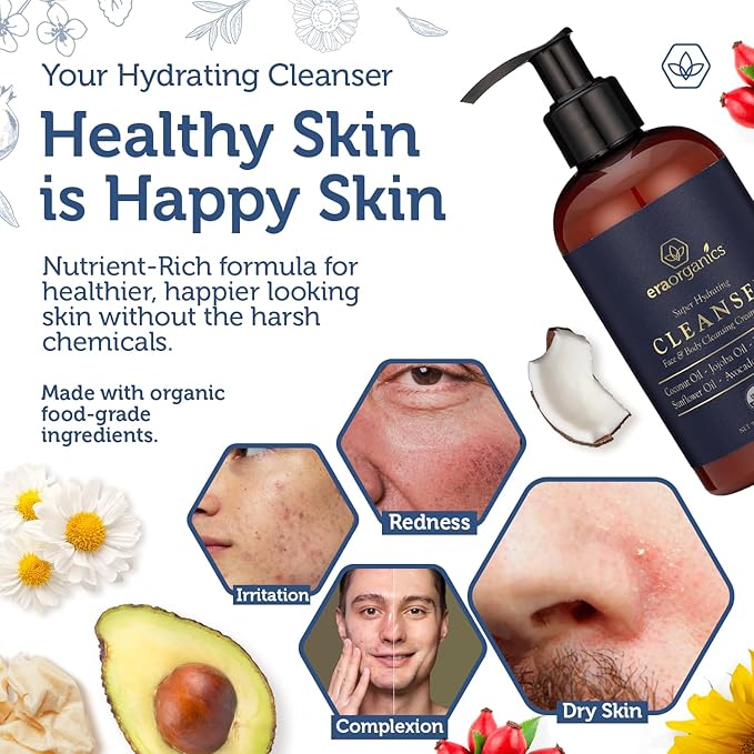 Era Organics USDA Organic Men's Face Wash - Nourishing, Hydrating Facial, Body Cleanser for Smoother Skin