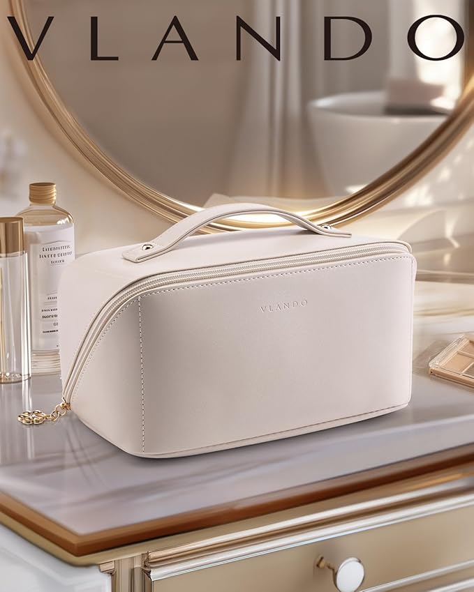 Vlando Travel Makeup Bag,Teacher Appreciation Gifts,Large Capacity Toiletry Bag for Women Wide Open Cosmetic Organizer with Divider and Handle(White)