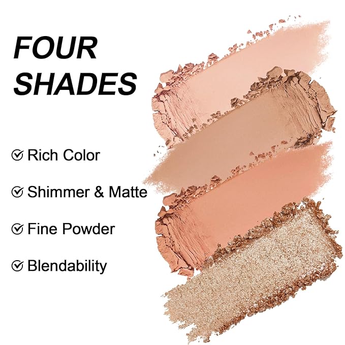 Erinde 4 Colors Eyeshadow Palette Eye Shadow Makeup, Matte Shimmer Metallic Off-white Light brown Peach Bronze Nude Neutral Eyeshadow, Long Wearing, Pigmented Blendable, Quad Eye Shadow Palette, 06