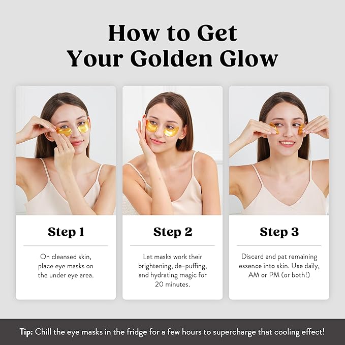 DERMORA Golden Glow Under Eye Patches (30 Pairs Eye Gels) - Rejuvenating Treatment for Dark Circles, Puffy Eyes, Refreshing, Revitalizing, Travel, Wrinkles