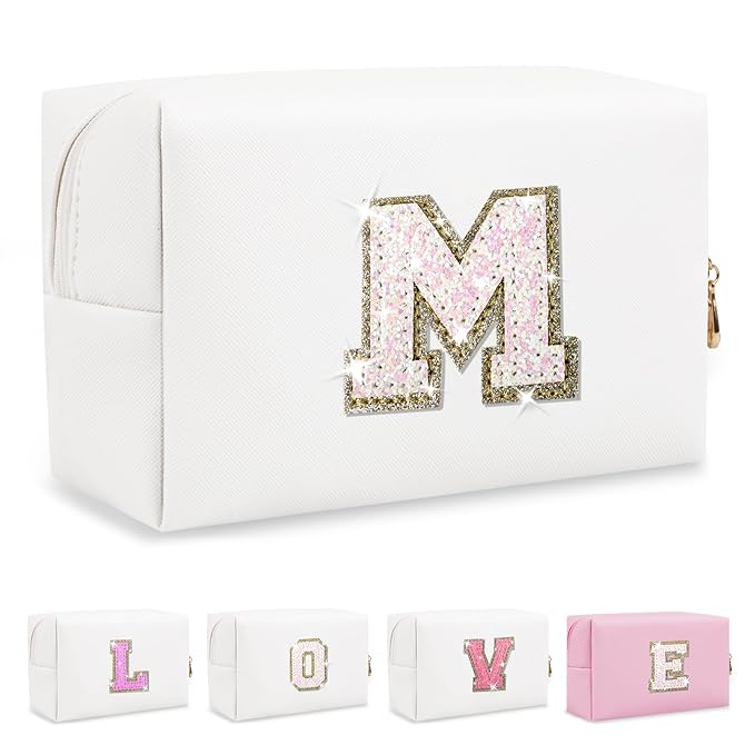 Small Initial Patch Makeup Bag Personalized Gifts Make Up Bag,White Cute PU Leather Glitter Letter Cosmetic Bag with Zipper,Trendy Portable Travel Toiletry Pouch,Preppy Stuff for Teen Girls Women M
