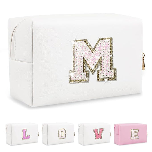 Small Initial Patch Makeup Bag Personalized Gifts Make Up Bag,White Cute PU Leather Glitter Letter Cosmetic Bag with Zipper,Trendy Portable Travel Toiletry Pouch,Preppy Stuff for Teen Girls Women M