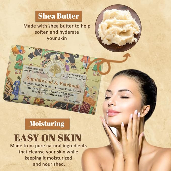 Wavertree & London Sandalwood & Patchouli Scented Natural Soap (2 Bars), 7oz Moisturizing French Triple Milled Soap Bars enriched with shea butter - Pure Plant Oil Bath & Body Bars for All Skin Types
