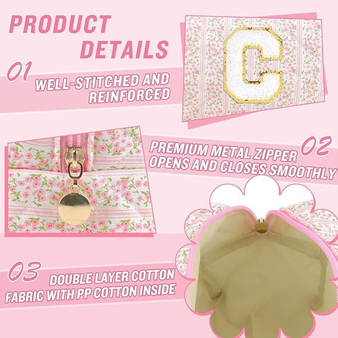 Personalized Quilted Cosmetic Bag, Puffy Monogrammed Christmas Birthday Gifts for Women & Girls, Cute initial Floral Makeup Bag Puffer Coquette Bag, Aesthetic Travel Toiletry Zipper Pouch(Pink,C)