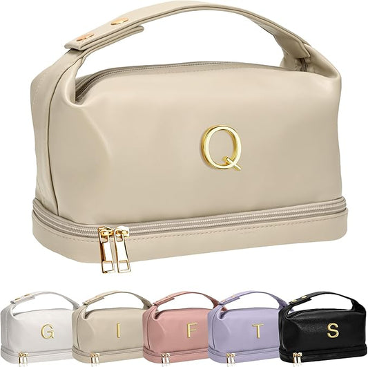 Gifts for Female, Personalized Makeup Bags with Handle, Waterproof Double Layer Cosmetic Bag, Large Capacity PU Leather Makeup Bags Letter Travel Toiletry Bag with Makeup Brush Organizer