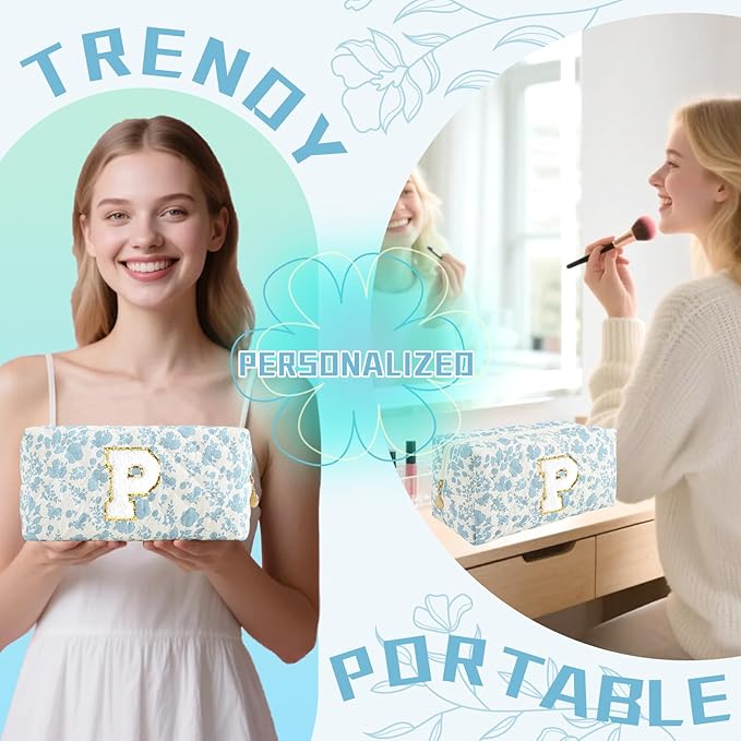 Personalized Quilted Cosmetic Bag, Puffy Monogrammed Christmas Birthday Gifts for Women & Girls, Cute initial Floral Makeup Bag Puffer Coquette Bag, Aesthetic Travel Toiletry Zipper Pouch(Blue,P)