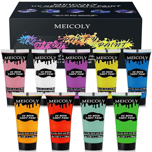 MEICOLY Glow Blacklight Face Body Paint Set,Neon Face Paint Kit,1.06x9oz/Box with Sponges,Blacklight Reactive Paints,Glow in the Dark Body Paint Neon Party Supplies,Neon Fluorescent Face Paint Makeup