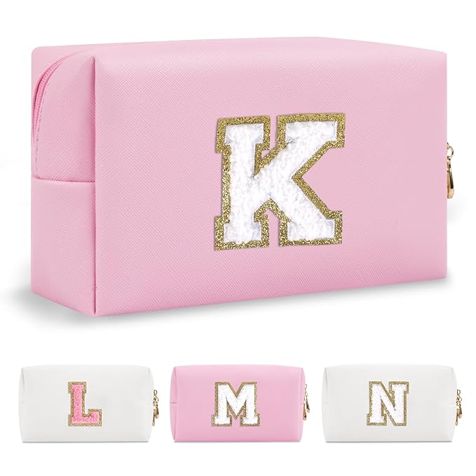 Personalized Initial A-Z Preppy Patch Makeup Bag,Small PU Chenille Letter Cosmetic Bag with Zipper for Teen Girls,Pink Cute Toiletry Organizer Bag,Monogram Makeup Case Gift for Women Girls,Letter K