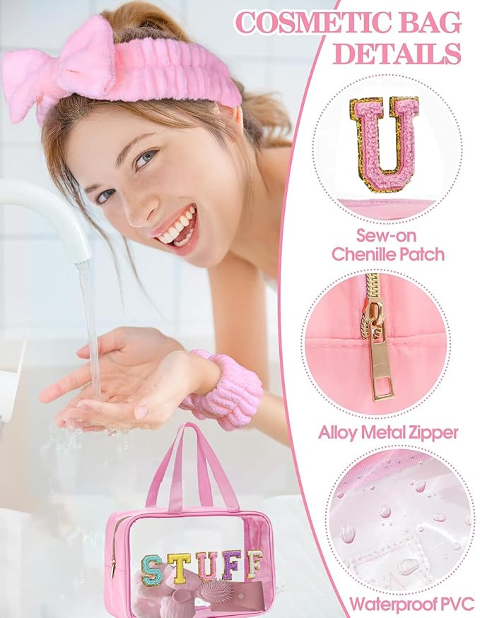 Spa Day Kit for Women - Sleepover Gift Set For Girls Pink Spa Kit and Mini Wet Hair Brush,Teens Initial Makeup Kit with Makeup Brush Set,Bridesmaids Party Favors-Waterproof Toiletry Travel Bag.