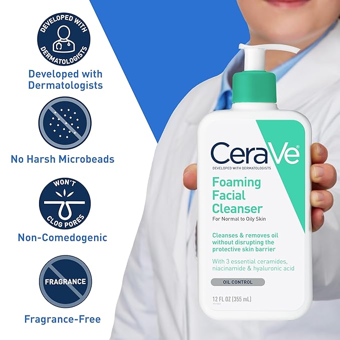 CeraVe Foaming Facial Cleanser, Daily Face Wash for Oily Skin, Hyaluronic Acid + Ceramides + Niacinamide, Fragrance Free & Paraben Free, Non-Drying Oil Control Face Wash, 19 Fluid Ounce
