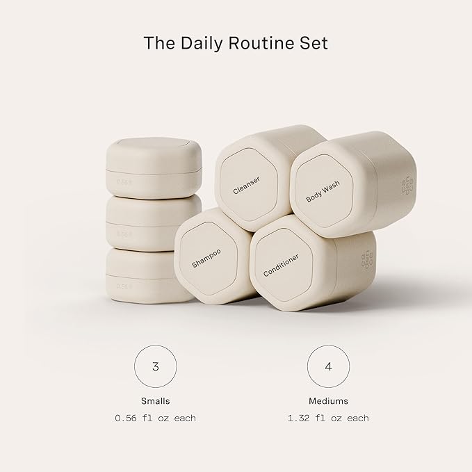 Cadence Travel Containers - Daily Routine Capsule Set - Magnetic Containers with Lids,4 Flex Mediums (1.32oz) & 3 Flex Smalls (0.56oz) - Shampoo, Conditioner, Body Wash, Pills, & More - Sand