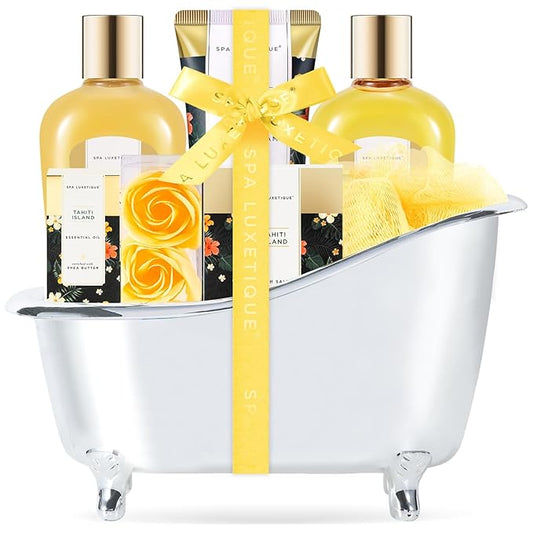 Luxetique Spa Gift Basket for Women - 8pc Yellow Gift Set, Includes Body Lotion, Bubble Bath & Bath Set for Mothers Day