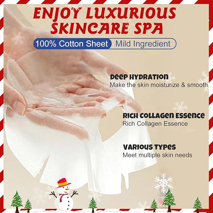 60 Pack Christmas Face Masks Skincare for Christmas Gifts, Bulk Sheet Hydrating & Soothing Facial Masks Set for Skin Care, Stocking Stuffers for Women