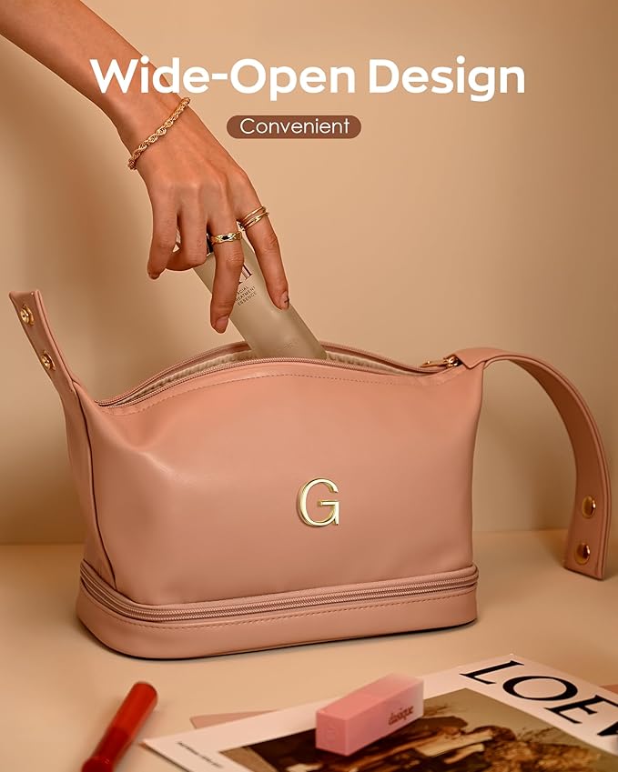 Birthday Gifts for Mom, Personalized Makeup Bag with Handle, Initial Double Layer Cosmetic Bag with Makeup Brush Organizer, Pink Gift Bags Travel Toiletry Bag, Gifts for Friends Female Mom