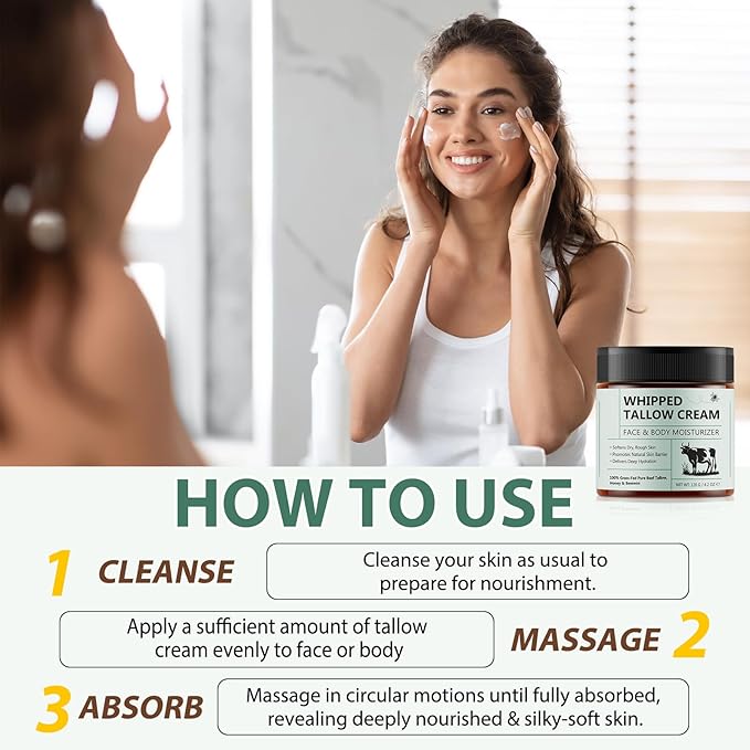 Beef Tallow for Skin, Whipped Tallow Cream Organic for Face, 100% Grass-Fed Pure Beef Tallow, Honey & Beeswax, Whipped Tallow Honey Balm for Face Moisturizer Body Lotion Skin Care for Sensitive Skin