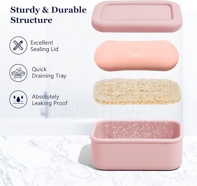 Leak Proof Silicone Travel Soap Case with Draining Layer, Travel Size Toiletry, Portable Soap Container for One Regular Bar Soap Perfectly, Shatter-Proof Soap Holder for Bathroom, Gym (Light Pink)