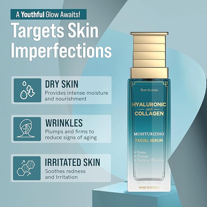 Fleur De Peau Hyaluronic Acid Serum For Face with Collagen - Dermatologist Tested, Anti-Aging, Ultra Hydrating, Firming, & Smoothing Korean Skin Care - 95% Natural, Clean Beauty, Vegan - 1.69 FL. Oz