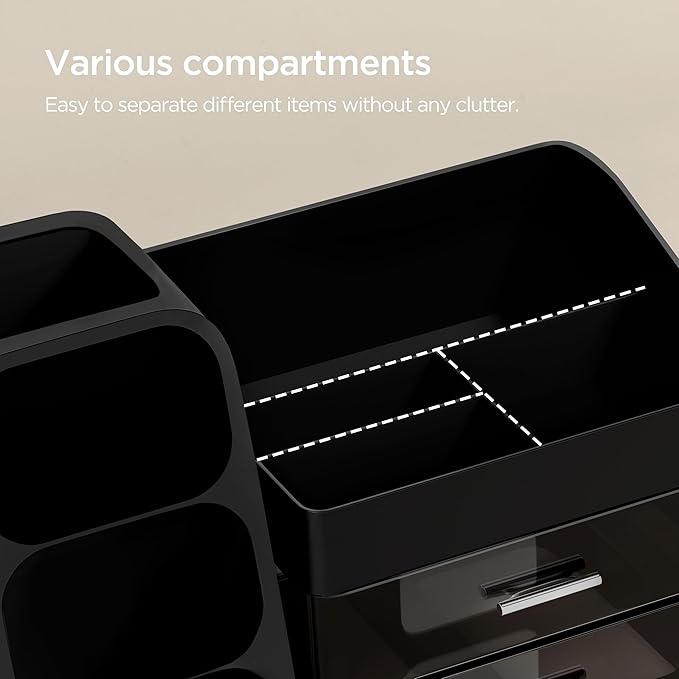 HBlife Makeup Organizer with Brush Holder for Vanity, Large Plastic Bathroom Countertop Organizer Cologne Organizer for Men, Easy to Store Lipsticks, Nail Polishes, Perfumes, Eyeshadow Palettes, Black