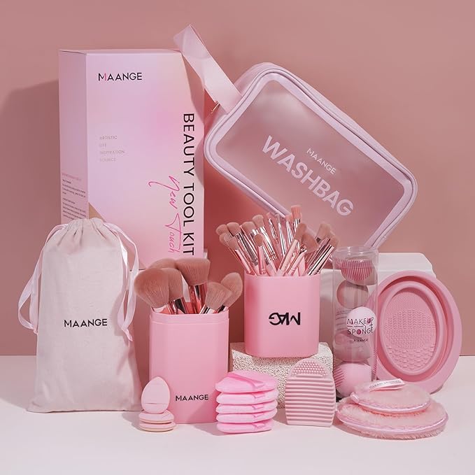 MAANGE Makeup Brush Set 51 PCS Professional Makeup Brushes for Foundation Powder Concealers Eye shadows Blending Blush Travel Make up Brush Kit (Pink)