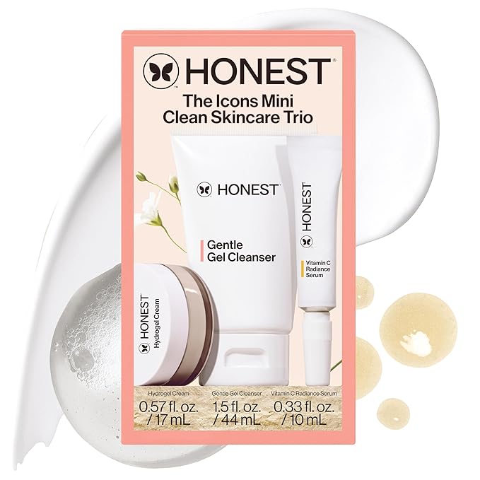 Honest Beauty The Icons Skincare Trio Travel Kit | Mini Hydrogel Cream, Gentle Gel Cleanser, Vitamin C Radiance Serum | Gentle for Sensitive Skin + Vegan