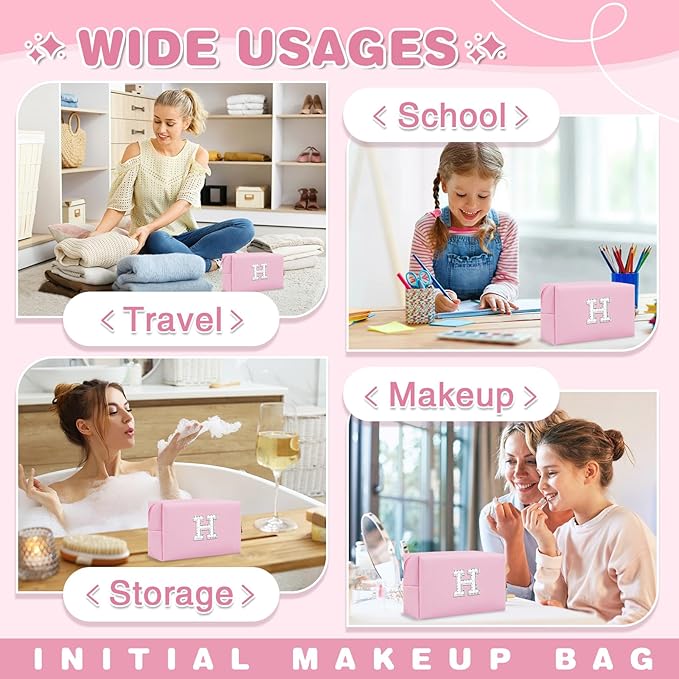 ChaoGreat Bride Gifts – Personalized Initial Makeup Bag with Pearl Rhinestone Patch, Preppy Pink Monogram Cosmetic/Toiletry Pouch, bridesmaid Gifts, Bridal Shower Gifts, Wedding Gifts, Bridal Gifts,H