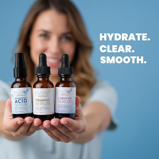 Eva Naturals Radiant Skin Serum Trio – Vitamin C+, Hyaluronic Acid & Azelaic Acid | Anti-Aging & Hydrating Face Serums for Dark Spots, Fine Lines, Acne & Redness