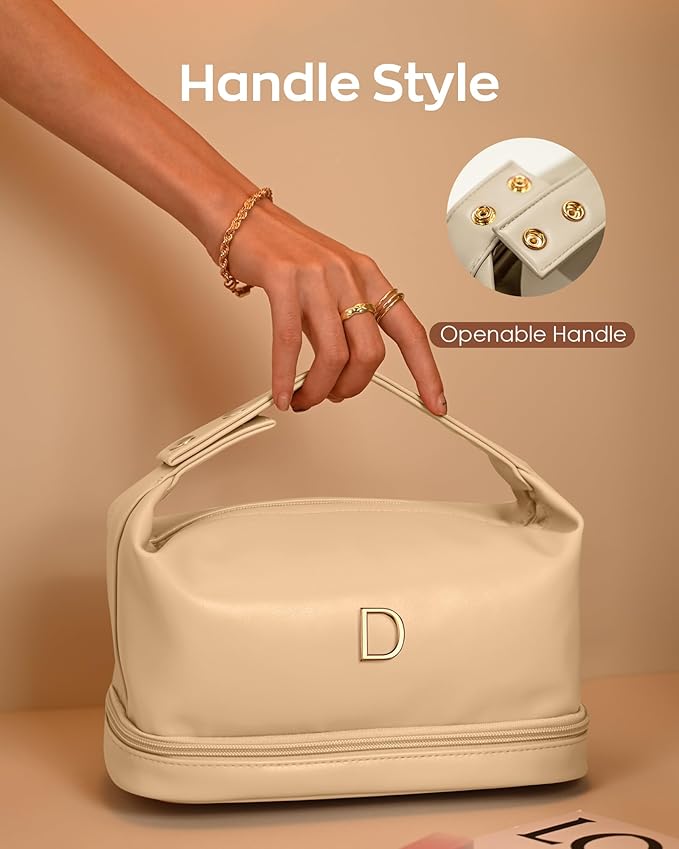 Makeup Bags with Handle, Friend Gifts, Personalized Double Layer Cosmetic Bag with Makeup Brush Organizer, Waterproof, Large Capacity PU Leather Travel Toiletry Bag, Birthday Gifts for Girls