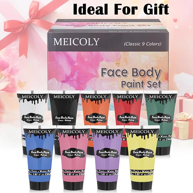 MEICOLY 9 Colors Face Body Paint Set,1.01x9oz/Box,Water Based Washable Face Paint for Adult Kid,Elphaba Green Face Paint,Safe Body Paint for Skin,Red White Blue Face Painting Kit for Halloween Makeup
